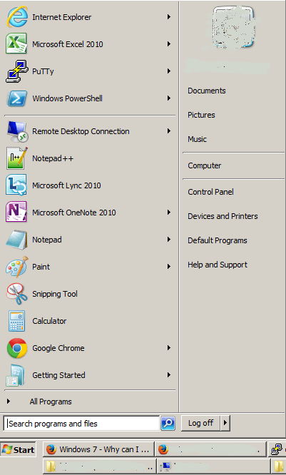 Start menu on Windows 7 with "Windows Classic" theme