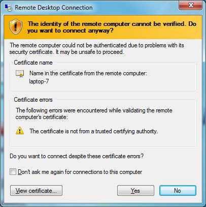 Remote Desktop Connection Certificate prompt