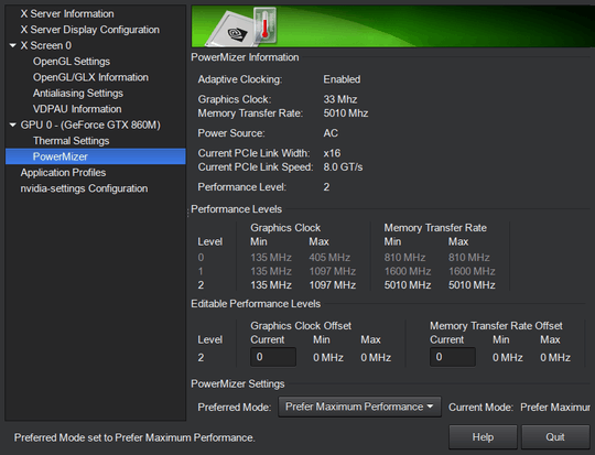 screenshot of nvidia-settings/PowerMizer