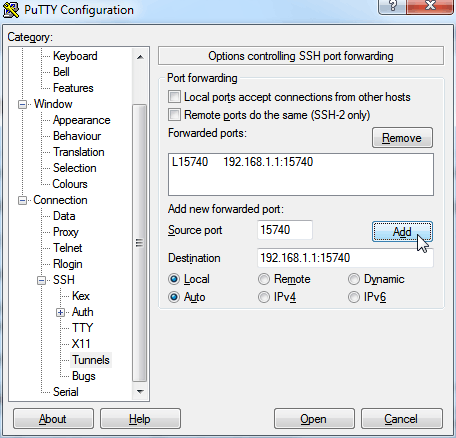 Screen shot of PuTTY port forwarding configuration