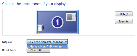 Windows 7 Display settings showing one screen