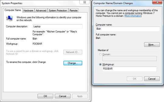 Computer Name/Workgroup Settings Dialogs