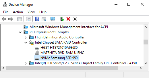 Device Manager showing Intel Chipset SATA Raid Controller entry with an NVMe Samsung SSD 950 child entry under it