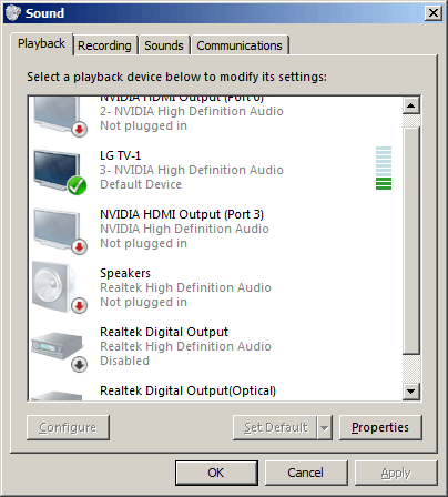 Playback devices configuration window, showing the TV as the default device and playing audio, but the Realtek analog speakers are not plugged in, and the Realtek digital outputs are disabled