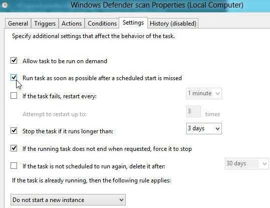Windows 8, Task Scheduler, Task Properties, Settings. Enable the "Run task as soon as possible after a scheduled start is missed" option. Click OK.