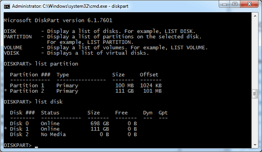 Console window with DiskPart showing "No Media" on the flash drive