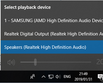 Windows 10 "Select a playback device" menu