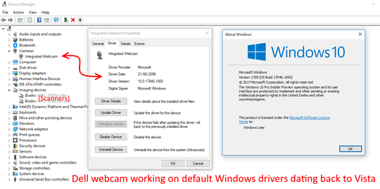 Dell webcam running on default Windows drivers dating back to Vista