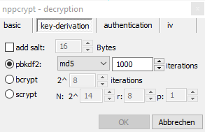 Screenshot of nppcrypt's "key-derivation" tab