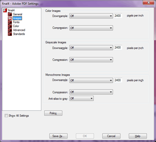 Images settings in Adobe PDF Settings