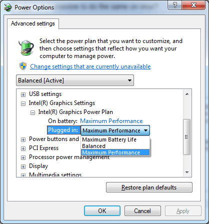 Intel-specific options in Power Options dialog