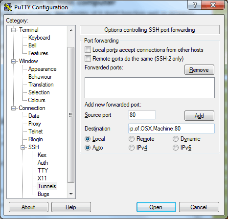 Screenshot of PuTTY dialog