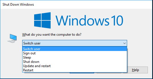 Windows 10 Shut Down dialog with dropdown open