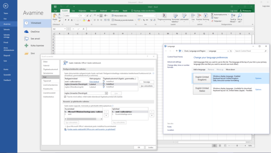 Word and Excel 2016 in Estonian, showing the Excel language settings and the Windows language settings.