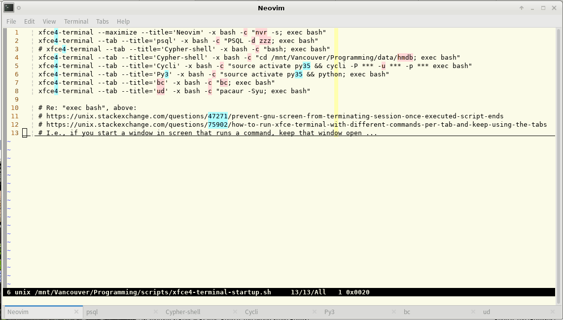 xfce4-terminal from script with tabs, programs preloaded