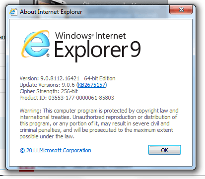 Internet Explorer 9 About dialog