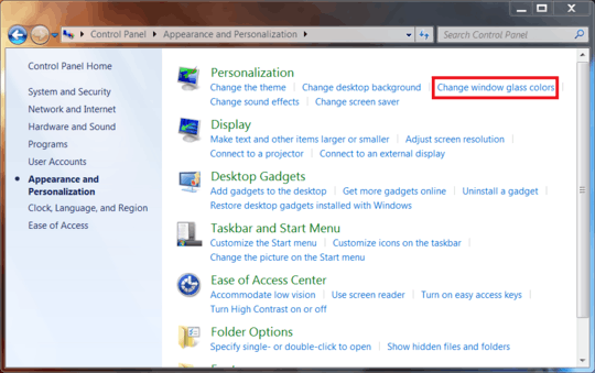 Appearance and Personalization -> Change window glass colors
