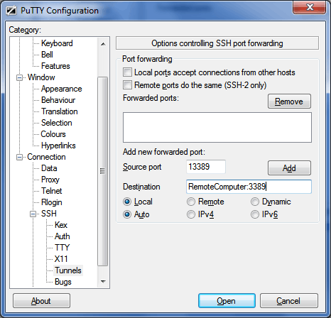 Screenshot of PuTTY showing an example configuration