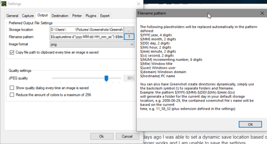 Greenshot file location acceptable strings