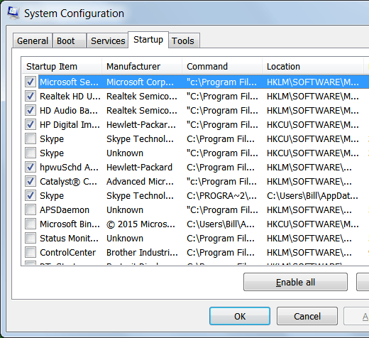 Skype msconfig settings