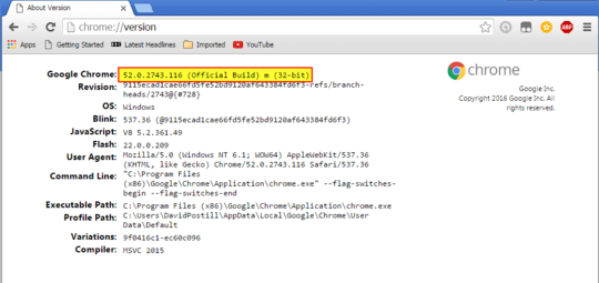Chrome version page