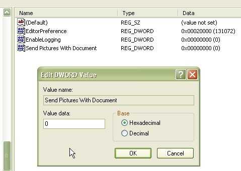 Screenshot of Send Pictures With Document value in registry