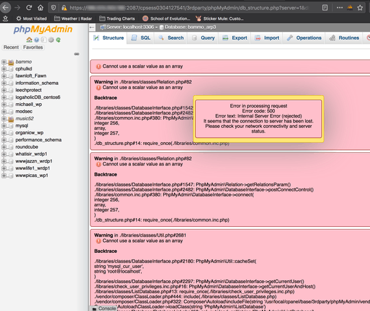 Screenshot: phpmyadmin error 500