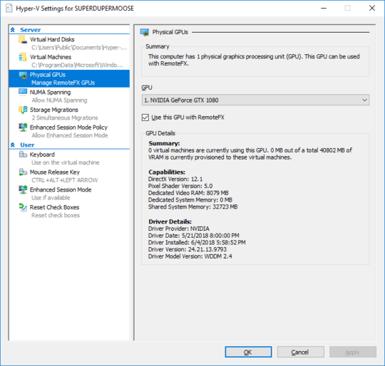 Hyper-V settings Physical GPUs