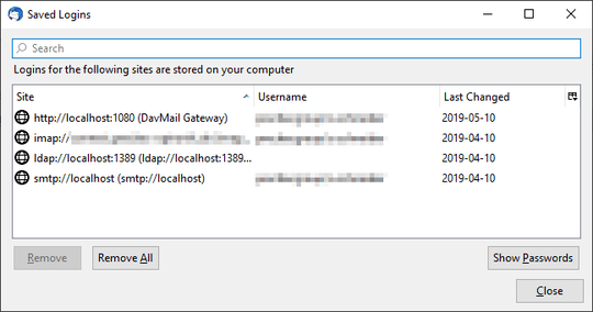 Thunderbird saved passwords dialog
