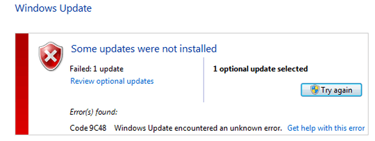 Code 9C48 Windows Update encountered an unknown error.