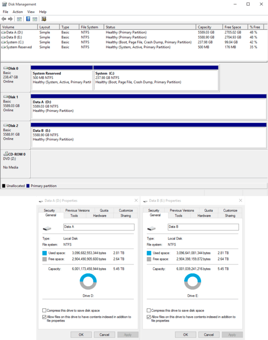 Screenshot showing otherwise identical hard drives with different capacities