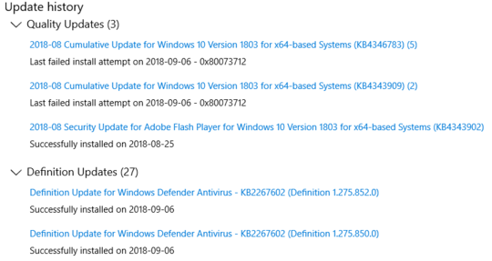 Screenshot of my Update History, showing 7 failed updates