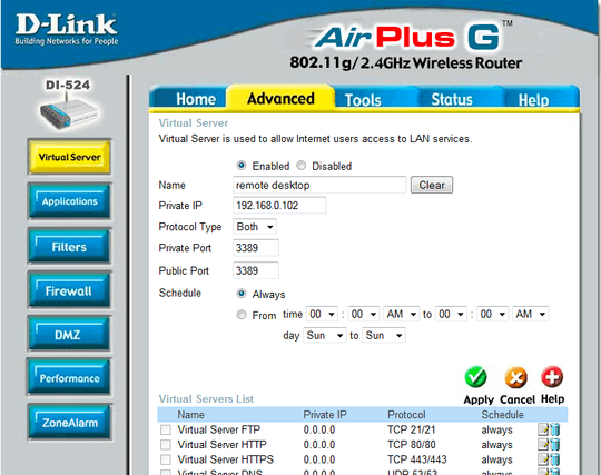 D-Link Air G Plus Advanced options screen