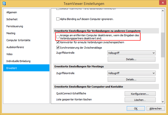 TeamViewer options - Advanced - Enable black screen (German)