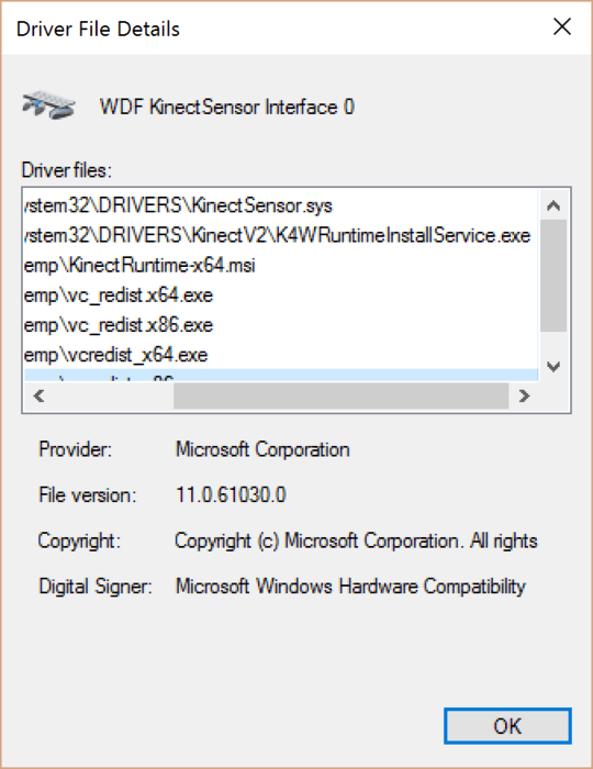 WDF KiNectSensor Interface 0 missing Stream.sys driver file for webcamera use.