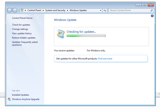Windows Update dialog on hang