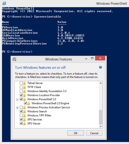 Screenshot of "PowerShell $psversiontable" and "Windows Features (expanded PS-node)"