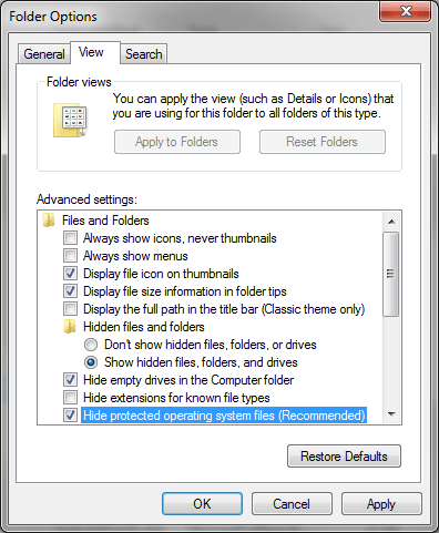 The View tab for Folder Options for Windows 7