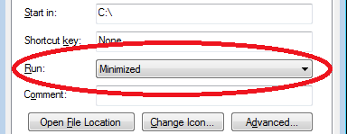 shortcut properties window with Run = Minimized circled