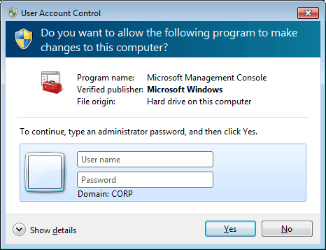 UAC prompt requires input for user name and password.